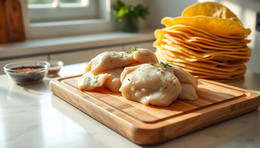 A bright and airy kitchen countertop, with a wooden cutting board at the center. On the board, a pile of freshly washed chicken breasts and a stack of warm, golden-brown corn tortillas. Nearby, a small bowl of spices and herbs, ready to season the chicken. Soft natural lighting filters through the window, casting a warm glow on the scene. The overall atmosphere is one of culinary preparation, with a focus on the simple yet flavorful ingredients that will come together to create a delicious Traeger chicken enchilada dish. A bright and airy kitchen countertop, with a wooden cutting board at the center. On the board, a pile of freshly washed chicken breasts and a stack of warm, golden-brown corn tortillas. Nearby, a small bowl of spices and herbs, ready to season the chicken. Soft natural lighting filters through the window, casting a warm glow on the scene. The overall atmosphere is one of culinary preparation, with a focus on the simple yet flavorful ingredients that will come together to create a delicious Traeger chicken enchilada dish.