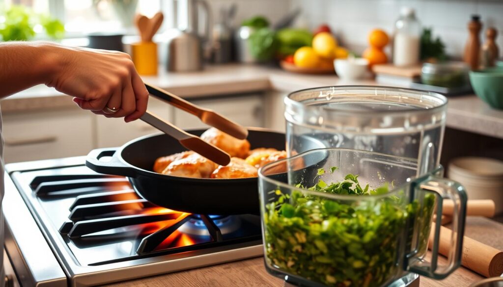A bright, well-lit kitchen scene with a cast-iron skillet sizzling on a stovetop. In the foreground, a chef's hands expertly maneuvering a pair of tongs, carefully turning golden-brown chicken thighs. The middle ground features a blender filled with a vibrant green mixture of freshly chopped herbs, spices, and citrus zest, ready to be blended into a flavorful marinade. The background showcases an assortment of cooking utensils, fresh produce, and a well-stocked pantry, conveying a sense of culinary mastery. The overall mood is one of focused, methodical preparation, with a mouthwatering aroma wafting through the air. A bright, well-lit kitchen scene with a cast-iron skillet sizzling on a stovetop. In the foreground, a chef's hands expertly maneuvering a pair of tongs, carefully turning golden-brown chicken thighs. The middle ground features a blender filled with a vibrant green mixture of freshly chopped herbs, spices, and citrus zest, ready to be blended into a flavorful marinade. The background showcases an assortment of cooking utensils, fresh produce, and a well-stocked pantry, conveying a sense of culinary mastery. The overall mood is one of focused, methodical preparation, with a mouthwatering aroma wafting through the air.