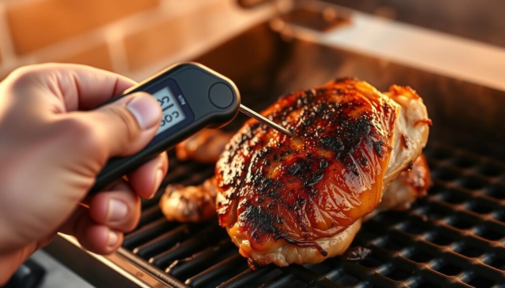 A close-up shot of a hand holding a digital meat thermometer, its probe inserted into a juicy, perfectly grilled chicken breast. The image is bathed in a warm, golden glow, conveying the cozy atmosphere of a well-equipped outdoor kitchen. The thermometer's display clearly shows the internal temperature, highlighting the importance of precise monitoring for achieving the desired level of doneness. The chicken's crisp, caramelized skin and the thermometer's sleek, modern design create a visually appealing and informative scene that speaks to the artistry and science of perfecting smoked and grilled dishes. A close-up shot of a hand holding a digital meat thermometer, its probe inserted into a juicy, perfectly grilled chicken breast. The image is bathed in a warm, golden glow, conveying the cozy atmosphere of a well-equipped outdoor kitchen. The thermometer's display clearly shows the internal temperature, highlighting the importance of precise monitoring for achieving the desired level of doneness. The chicken's crisp, caramelized skin and the thermometer's sleek, modern design create a visually appealing and informative scene that speaks to the artistry and science of perfecting smoked and grilled dishes.