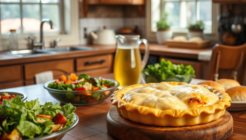 A cozy kitchen scene featuring a table set with a variety of tempting serving suggestions for a homemade chicken pot pie. In the foreground, a freshly baked pot pie with a golden, flaky crust sits atop a rustic wooden platter, surrounded by complementary side dishes - a crisp green salad, roasted vegetables, and buttery dinner rolls. Soft, warm lighting casts a comforting glow, creating an inviting atmosphere. In the middle ground, a pitcher of iced tea or lemonade stands ready to refresh, while the background showcases a charming country-style kitchen, complete with weathered wood accents and herb plants on the windowsill. The overall scene evokes a sense of homemade comfort and nostalgia, perfectly capturing the essence of the iconic Betty Crocker chicken pot pie. A cozy kitchen scene featuring a table set with a variety of tempting serving suggestions for a homemade chicken pot pie. In the foreground, a freshly baked pot pie with a golden, flaky crust sits atop a rustic wooden platter, surrounded by complementary side dishes - a crisp green salad, roasted vegetables, and buttery dinner rolls. Soft, warm lighting casts a comforting glow, creating an inviting atmosphere. In the middle ground, a pitcher of iced tea or lemonade stands ready to refresh, while the background showcases a charming country-style kitchen, complete with weathered wood accents and herb plants on the windowsill. The overall scene evokes a sense of homemade comfort and nostalgia, perfectly capturing the essence of the iconic Betty Crocker chicken pot pie.