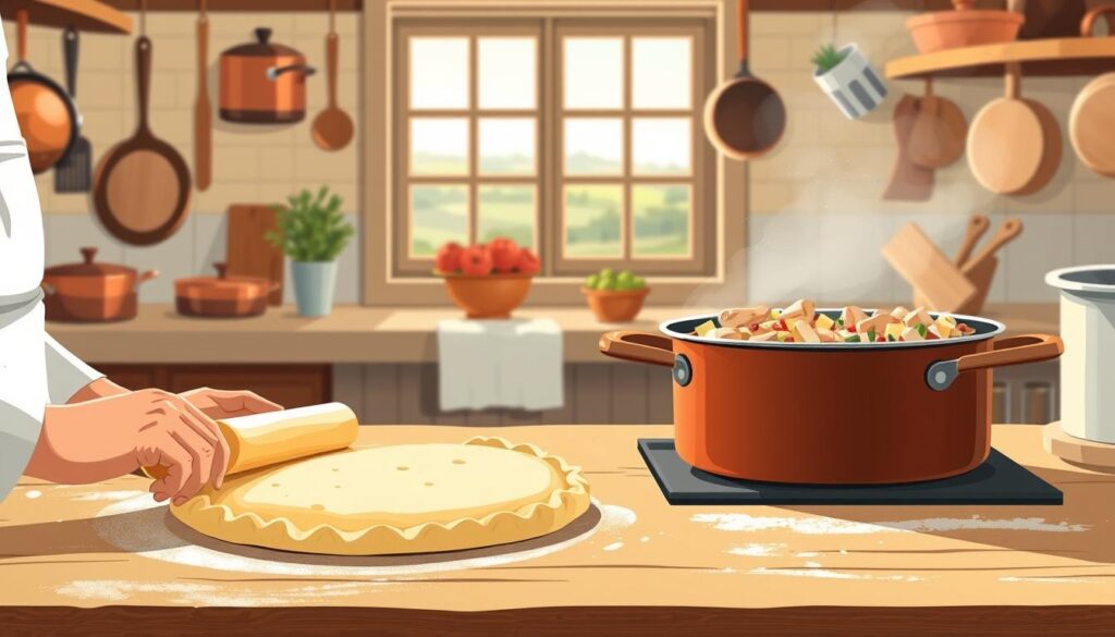 A step-by-step preparation guide for a classic chicken pot pie, captured in a warm and inviting illustration. In the foreground, a baker's hands deftly roll out flaky pie dough, while the middle ground showcases a bubbling pot of savory chicken and vegetable filling. The background features a cozy kitchen setting, with copper pots and pans hanging from the walls, and a window overlooking a countryside landscape. Soft, natural lighting bathes the scene, creating a comforting and homey atmosphere. The composition is balanced and visually appealing, drawing the viewer's attention to the key steps in the pie-making process. A step-by-step preparation guide for a classic chicken pot pie, captured in a warm and inviting illustration. In the foreground, a baker's hands deftly roll out flaky pie dough, while the middle ground showcases a bubbling pot of savory chicken and vegetable filling. The background features a cozy kitchen setting, with copper pots and pans hanging from the walls, and a window overlooking a countryside landscape. Soft, natural lighting bathes the scene, creating a comforting and homey atmosphere. The composition is balanced and visually appealing, drawing the viewer's attention to the key steps in the pie-making process.