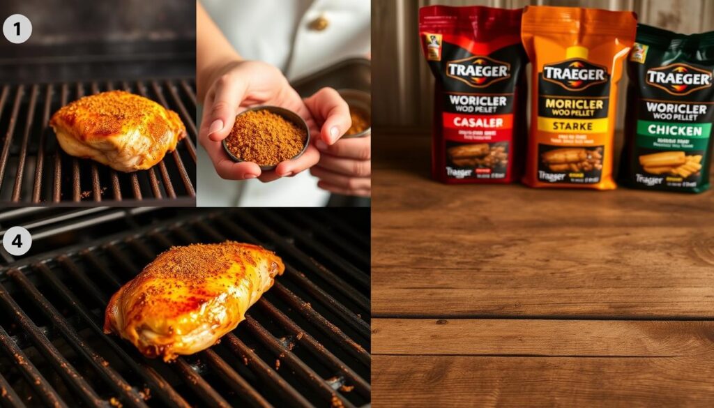 A step-by-step sequence of mouthwatering Traeger chicken preparation stages. In the foreground, a seasoned chicken breast sizzles on a Traeger grill grate, golden-brown skin glistening under warm, natural lighting. In the middle ground, a chef's hands carefully apply a spice rub, massaging it into the meat. In the background, an array of Traeger wood pellets in various flavors stands ready, their smoky aroma wafting through the air. The composition is framed by a rustic wooden table, evoking the cozy, outdoor atmosphere of backyard barbecuing. The overall scene conveys the precise, yet rewarding process of achieving juicy, tender, and irresistible Traeger-smoked chicken. A step-by-step sequence of mouthwatering Traeger chicken preparation stages. In the foreground, a seasoned chicken breast sizzles on a Traeger grill grate, golden-brown skin glistening under warm, natural lighting. In the middle ground, a chef's hands carefully apply a spice rub, massaging it into the meat. In the background, an array of Traeger wood pellets in various flavors stands ready, their smoky aroma wafting through the air. The composition is framed by a rustic wooden table, evoking the cozy, outdoor atmosphere of backyard barbecuing. The overall scene conveys the precise, yet rewarding process of achieving juicy, tender, and irresistible Traeger-smoked chicken.