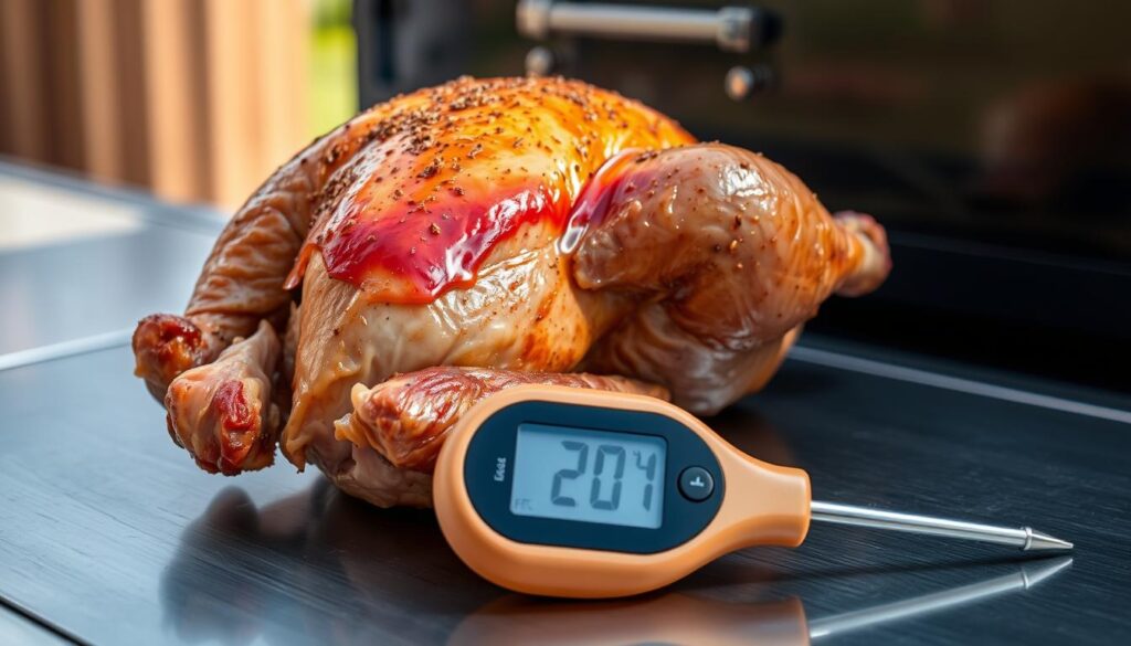 A well-seasoned chicken resting on a digital meat thermometer, its skin glistening under warm, natural lighting. The bird is placed atop a clean, stainless steel surface, with a smoker or grill visible in the background, suggesting an outdoor cooking setup. The scene conveys a sense of control and precision in the smoking process, with the thermometer providing the key temperature data needed to ensure perfectly cooked, juicy results. The overall atmosphere is one of calm focus and culinary expertise, reflecting the 'Mastering the Basics of Smoking Chicken' theme. A well-seasoned chicken resting on a digital meat thermometer, its skin glistening under warm, natural lighting. The bird is placed atop a clean, stainless steel surface, with a smoker or grill visible in the background, suggesting an outdoor cooking setup. The scene conveys a sense of control and precision in the smoking process, with the thermometer providing the key temperature data needed to ensure perfectly cooked, juicy results. The overall atmosphere is one of calm focus and culinary expertise, reflecting the 'Mastering the Basics of Smoking Chicken' theme.