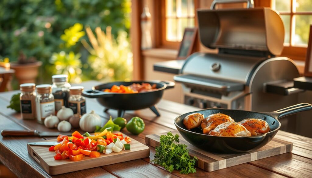 A wooden kitchen table, bathed in warm, golden light, showcases an array of essential ingredients and tools for a delicious Traeger meal. In the foreground, a cutting board displays freshly diced vegetables, including vibrant bell peppers, onions, and garlic. Beside it, a selection of seasoning jars and a sharp chef's knife stand ready. In the middle ground, a Traeger grill, its lid open, emits a soft, smoky aroma, while a cast-iron skillet sizzles with juicy, marinated chicken thighs. In the background, a window offers a glimpse of a lush, verdant garden, completing the rustic, al fresco ambiance. The scene evokes a sense of culinary anticipation, inviting the viewer to imagine the mouthwatering flavors that will soon emerge from this well-equipped Traeger kitchen. A wooden kitchen table, bathed in warm, golden light, showcases an array of essential ingredients and tools for a delicious Traeger meal. In the foreground, a cutting board displays freshly diced vegetables, including vibrant bell peppers, onions, and garlic. Beside it, a selection of seasoning jars and a sharp chef's knife stand ready. In the middle ground, a Traeger grill, its lid open, emits a soft, smoky aroma, while a cast-iron skillet sizzles with juicy, marinated chicken thighs. In the background, a window offers a glimpse of a lush, verdant garden, completing the rustic, al fresco ambiance. The scene evokes a sense of culinary anticipation, inviting the viewer to imagine the mouthwatering flavors that will soon emerge from this well-equipped Traeger kitchen.