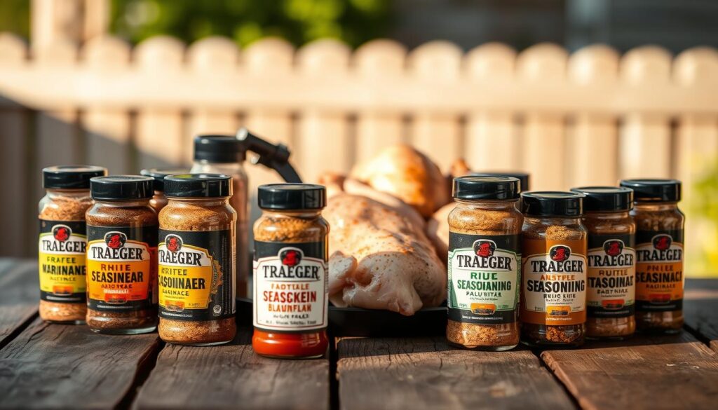 A beautifully lit arrangement of various Traeger seasoning blends, meticulously displayed on a rustic wooden surface. The foreground features an assortment of seasoning jars with distinct labels, capturing the diverse flavors and spice profiles of the Traeger line. In the middle ground, a few whole chicken breasts or thighs are strategically placed, hinting at the delicious possibilities of infusing these marinades and rubs into savory poultry dishes. The background is softly blurred, drawing the viewer's attention to the main focus - the vibrant colors and textures of the Traeger seasoning blends. Warm, natural lighting casts gentle shadows, creating a welcoming, inviting atmosphere that evokes the joy of outdoor cooking and backyard gatherings. A beautifully lit arrangement of various Traeger seasoning blends, meticulously displayed on a rustic wooden surface. The foreground features an assortment of seasoning jars with distinct labels, capturing the diverse flavors and spice profiles of the Traeger line. In the middle ground, a few whole chicken breasts or thighs are strategically placed, hinting at the delicious possibilities of infusing these marinades and rubs into savory poultry dishes. The background is softly blurred, drawing the viewer's attention to the main focus - the vibrant colors and textures of the Traeger seasoning blends. Warm, natural lighting casts gentle shadows, creating a welcoming, inviting atmosphere that evokes the joy of outdoor cooking and backyard gatherings.