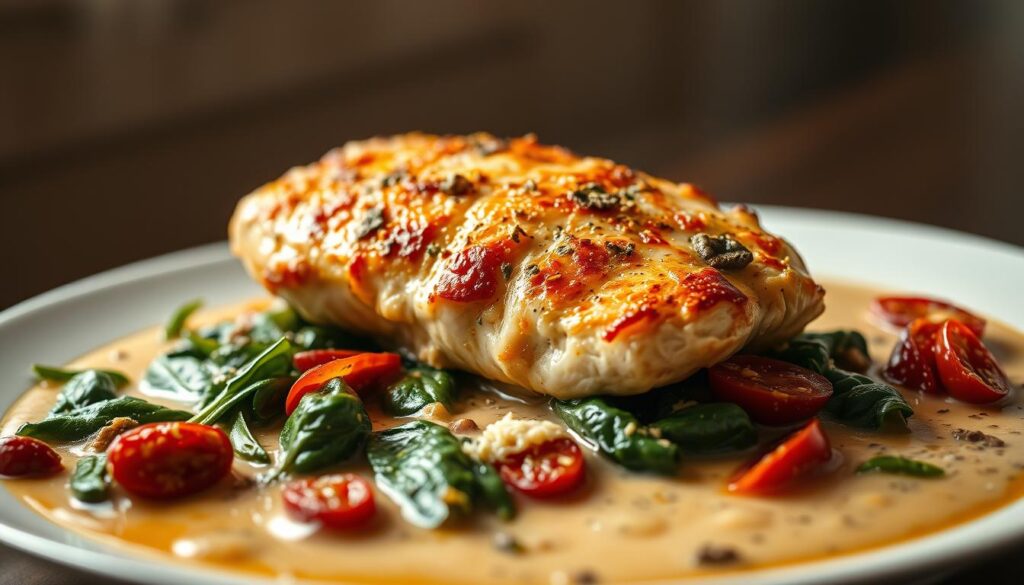A beautifully lit studio shot of a creamy Tuscan chicken preparation, with the chicken breast seared to a golden-brown crust, resting on a bed of wilted spinach and sun-dried tomatoes, all nestled in a thick, velvety sauce with hints of garlic, white wine, and Parmesan. The foreground is in sharp focus, while the background is softly blurred, creating a sense of depth and drawing the eye to the delectable main dish. The lighting is warm and natural, casting a cozy, inviting atmosphere. Captured at a medium-close angle, the image showcases the dish's tempting textures and mouthwatering details. A beautifully lit studio shot of a creamy Tuscan chicken preparation, with the chicken breast seared to a golden-brown crust, resting on a bed of wilted spinach and sun-dried tomatoes, all nestled in a thick, velvety sauce with hints of garlic, white wine, and Parmesan. The foreground is in sharp focus, while the background is softly blurred, creating a sense of depth and drawing the eye to the delectable main dish. The lighting is warm and natural, casting a cozy, inviting atmosphere. Captured at a medium-close angle, the image showcases the dish's tempting textures and mouthwatering details.