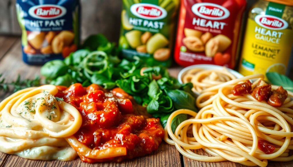 A bountiful display of vibrant pasta sauces, artfully arranged on a rustic wooden table. In the foreground, a rich, creamy alfredo sauce swirls with fresh herbs and grated parmesan. Beside it, a vibrant red marinara, its tomatoes glistening in the soft, natural lighting. In the middle ground, a pesto sauce of verdant greens and toasted pine nuts, while in the background, a zesty lemon-garlic sauce, its bright citrus notes complementing the heart-healthy pasta. The scene is imbued with a sense of culinary creativity and nourishment, inviting the viewer to imagine the delicious possibilities of these flavorful sauces atop Barilla's Heart Pasta. A bountiful display of vibrant pasta sauces, artfully arranged on a rustic wooden table. In the foreground, a rich, creamy alfredo sauce swirls with fresh herbs and grated parmesan. Beside it, a vibrant red marinara, its tomatoes glistening in the soft, natural lighting. In the middle ground, a pesto sauce of verdant greens and toasted pine nuts, while in the background, a zesty lemon-garlic sauce, its bright citrus notes complementing the heart-healthy pasta. The scene is imbued with a sense of culinary creativity and nourishment, inviting the viewer to imagine the delicious possibilities of these flavorful sauces atop Barilla's Heart Pasta.