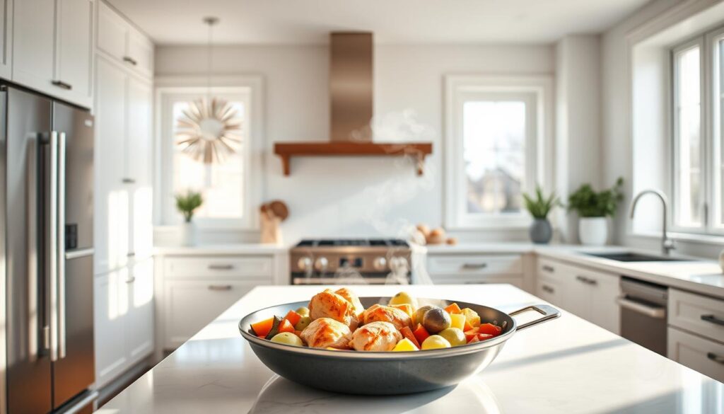 A bright and airy kitchen with a minimalist aesthetic. On the center counter, a single pan sizzles with a delectable one-pan chicken dish, steam wafting upwards. Crisp, golden-brown chicken thighs and a medley of roasted vegetables - carrots, Brussels sprouts, and potatoes - fill the pan, the aromas tantalizing. Sunlight pours in through large windows, casting a warm glow over the scene. Sleek, contemporary appliances and clean, white cabinetry create a calming, uncluttered backdrop. A sense of effortless, nourishing simplicity pervades the image, highlighting the appeal of this weeknight-friendly, one-pan chicken recipe. A bright and airy kitchen with a minimalist aesthetic. On the center counter, a single pan sizzles with a delectable one-pan chicken dish, steam wafting upwards. Crisp, golden-brown chicken thighs and a medley of roasted vegetables - carrots, Brussels sprouts, and potatoes - fill the pan, the aromas tantalizing. Sunlight pours in through large windows, casting a warm glow over the scene. Sleek, contemporary appliances and clean, white cabinetry create a calming, uncluttered backdrop. A sense of effortless, nourishing simplicity pervades the image, highlighting the appeal of this weeknight-friendly, one-pan chicken recipe.