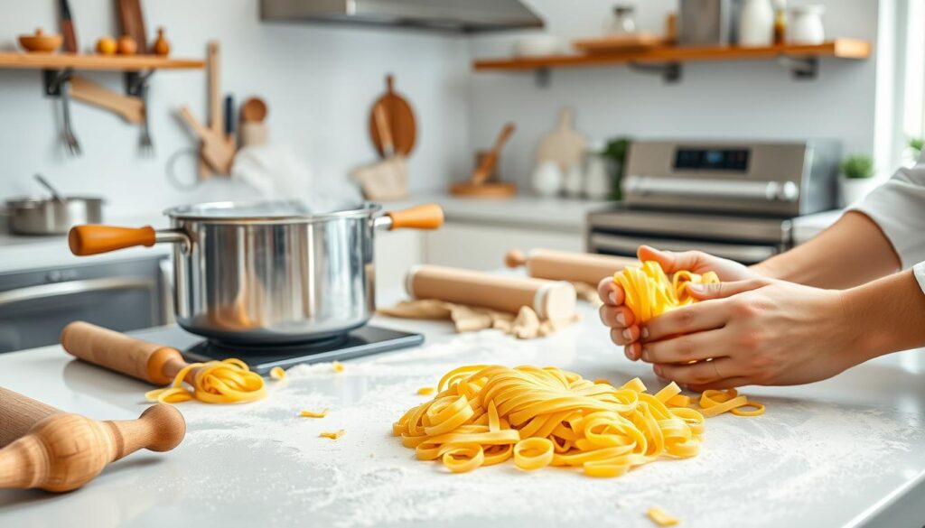 A bright, well-lit kitchen countertop with fresh pasta dough, a wooden rolling pin, and various pasta-making tools arranged neatly. In the foreground, a chef's hands carefully shape the dough into ribbons, demonstrating the intricate technique of pasta making. In the middle ground, a steaming pot of boiling water, and a colander filled with freshly cooked barilla heart-shaped pasta. The background features a clean, modern kitchen with stainless steel appliances and minimalist decor, creating a calm, professional atmosphere. The overall scene conveys a sense of culinary expertise, attention to detail, and the artistry of preparing delicious, healthy barilla heart pasta recipes. A bright, well-lit kitchen countertop with fresh pasta dough, a wooden rolling pin, and various pasta-making tools arranged neatly. In the foreground, a chef's hands carefully shape the dough into ribbons, demonstrating the intricate technique of pasta making. In the middle ground, a steaming pot of boiling water, and a colander filled with freshly cooked barilla heart-shaped pasta. The background features a clean, modern kitchen with stainless steel appliances and minimalist decor, creating a calm, professional atmosphere. The overall scene conveys a sense of culinary expertise, attention to detail, and the artistry of preparing delicious, healthy barilla heart pasta recipes.