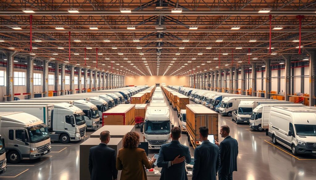 A bustling logistics hub with an array of shipping trucks and delivery vans, conveying a sense of nationwide coverage and efficient service. Illuminated by warm, natural lighting that highlights the sleek, modern design of the facility. In the foreground, a team of attentive staff members coordinating shipments, ensuring a seamless, customer-centric experience. The background features a panoramic view of the transportation network, suggesting the reach and scope of the nationwide shipping operation. An atmosphere of reliability, convenience, and pride in providing exceptional service to customers across the country.