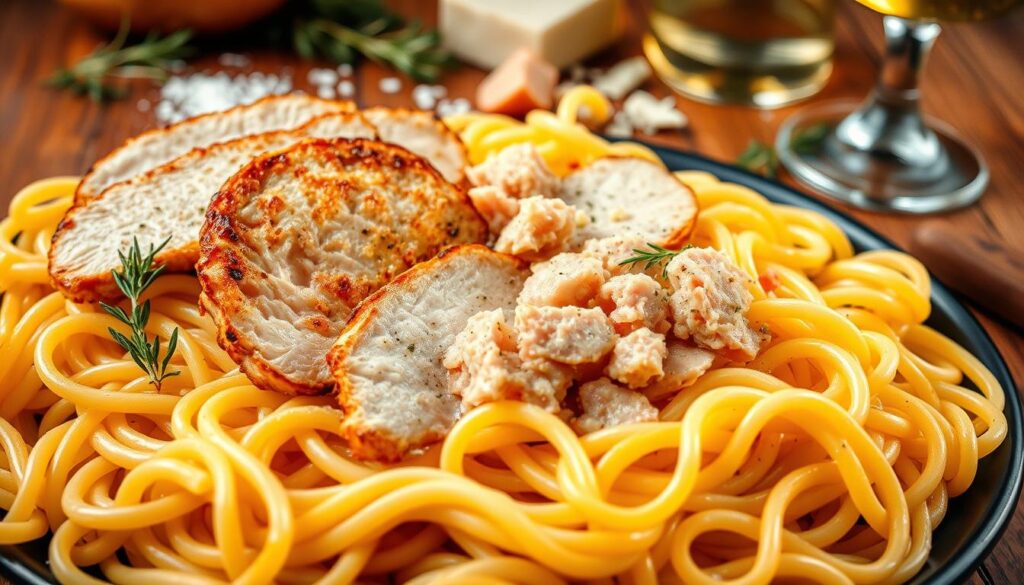 A carefully composed still life showcasing the incorporation of protein into pasta dishes. In the foreground, freshly cooked pasta noodles, their vibrant hues and al dente texture inviting the viewer. Nestled amidst the pasta, juicy chicken breast slices, their golden-brown sear glistening under warm, directional lighting. In the middle ground, a scatter of plump, flaked tuna, its flavorful oils mingling with the pasta. The background features a rustic, wooden table surface, with hints of herbs, grated cheese, and a glass of crisp white wine, creating a welcoming, homemade ambiance. The overall scene conveys the effortless and delicious way to elevate a simple pasta dish with the addition of high-quality protein sources. A carefully composed still life showcasing the incorporation of protein into pasta dishes. In the foreground, freshly cooked pasta noodles, their vibrant hues and al dente texture inviting the viewer. Nestled amidst the pasta, juicy chicken breast slices, their golden-brown sear glistening under warm, directional lighting. In the middle ground, a scatter of plump, flaked tuna, its flavorful oils mingling with the pasta. The background features a rustic, wooden table surface, with hints of herbs, grated cheese, and a glass of crisp white wine, creating a welcoming, homemade ambiance. The overall scene conveys the effortless and delicious way to elevate a simple pasta dish with the addition of high-quality protein sources.