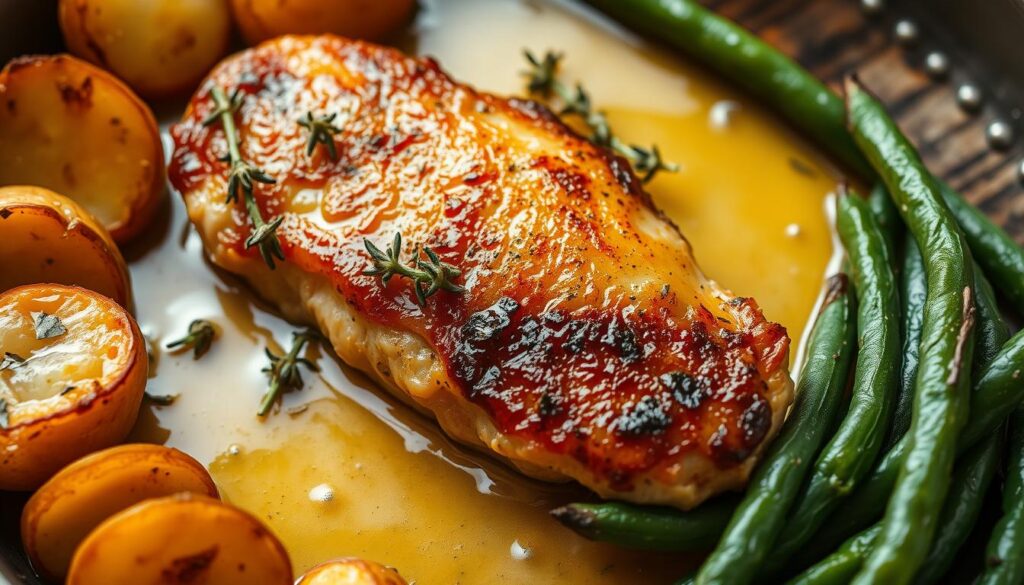 A close-up shot of a succulent pan-seared chicken breast, the golden-brown skin glistening under warm, even lighting. The chicken rests atop a puddle of rich, velvety butter sauce, accented with fragrant thyme sprigs. Crisp, golden-edged potatoes and vibrant green beans frame the composition, creating a rustic, homestyle presentation on a weathered wooden surface. The overall mood is one of simple, comfort-driven indulgence, capturing the essence of a hearty, satisfying one-pan country chicken dish. A close-up shot of a succulent pan-seared chicken breast, the golden-brown skin glistening under warm, even lighting. The chicken rests atop a puddle of rich, velvety butter sauce, accented with fragrant thyme sprigs. Crisp, golden-edged potatoes and vibrant green beans frame the composition, creating a rustic, homestyle presentation on a weathered wooden surface. The overall mood is one of simple, comfort-driven indulgence, capturing the essence of a hearty, satisfying one-pan country chicken dish.