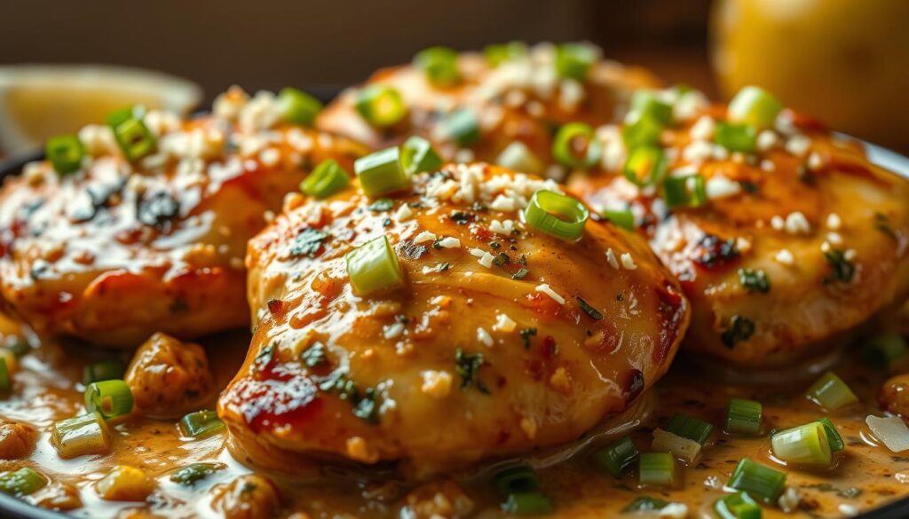 A delectable close-up shot of a sizzling, golden-brown "marry me chicken" dish, freshly prepared and ready to be savored. The tender chicken breasts are smothered in a rich, creamy sauce infused with garlic, herbs, and a hint of lemon, creating a mouthwatering harmony of flavors. Garnished with vibrant green onions and a sprinkle of parmesan cheese, the dish exudes an irresistible aroma and invites the viewer to dive in. Captured in a warm, soft-lit setting with a slightly blurred, cozy background, the image evokes a sense of comfort and indulgence, perfectly capturing the essence of this viral culinary sensation. A delectable close-up shot of a sizzling, golden-brown "marry me chicken" dish, freshly prepared and ready to be savored. The tender chicken breasts are smothered in a rich, creamy sauce infused with garlic, herbs, and a hint of lemon, creating a mouthwatering harmony of flavors. Garnished with vibrant green onions and a sprinkle of parmesan cheese, the dish exudes an irresistible aroma and invites the viewer to dive in. Captured in a warm, soft-lit setting with a slightly blurred, cozy background, the image evokes a sense of comfort and indulgence, perfectly capturing the essence of this viral culinary sensation.