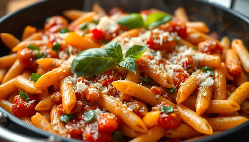 A delectable weeknight pasta skillet, sizzling with flavor. In the foreground, freshly cooked al dente penne pasta, tossed with a vibrant tomato-based sauce, accented with aromatic herbs and spices. Sauteed bell peppers, onions, and garlic add depth and texture. Grated Parmesan cheese and a sprinkle of fresh basil leaves crown the dish, creating a mouth-watering visual. The scene is bathed in a warm, inviting light, casting a cozy glow. The camera angle is slightly elevated, capturing the skillet in all its hearty, comforting glory, ready to be enjoyed on a busy weeknight. A delectable weeknight pasta skillet, sizzling with flavor. In the foreground, freshly cooked al dente penne pasta, tossed with a vibrant tomato-based sauce, accented with aromatic herbs and spices. Sauteed bell peppers, onions, and garlic add depth and texture. Grated Parmesan cheese and a sprinkle of fresh basil leaves crown the dish, creating a mouth-watering visual. The scene is bathed in a warm, inviting light, casting a cozy glow. The camera angle is slightly elevated, capturing the skillet in all its hearty, comforting glory, ready to be enjoyed on a busy weeknight.