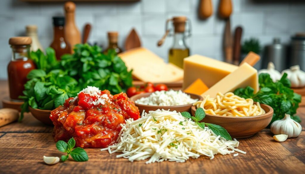 A meticulously prepared selection of Italian pasta sauces and artisanal cheeses, elegantly displayed on a rustic wooden table. In the foreground, vibrant tomato-based marinara sauce and creamy béchamel mingle with shredded mozzarella, parmesan, and ricotta. The middle ground features a variety of fresh herbs, olive oil, and garlic. The background is softly lit, capturing the inviting and homely atmosphere of an authentic Italian kitchen. The overall scene exudes a mouthwatering aroma and a sense of culinary mastery, perfectly complementing the "Perfect Pairings" theme. A meticulously prepared selection of Italian pasta sauces and artisanal cheeses, elegantly displayed on a rustic wooden table. In the foreground, vibrant tomato-based marinara sauce and creamy béchamel mingle with shredded mozzarella, parmesan, and ricotta. The middle ground features a variety of fresh herbs, olive oil, and garlic. The background is softly lit, capturing the inviting and homely atmosphere of an authentic Italian kitchen. The overall scene exudes a mouthwatering aroma and a sense of culinary mastery, perfectly complementing the "Perfect Pairings" theme.