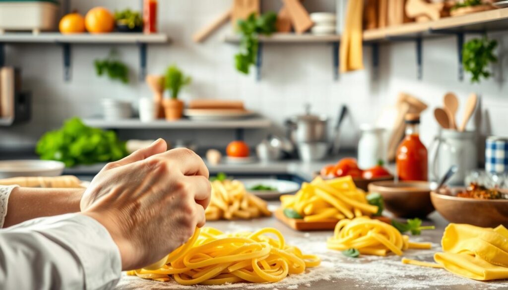 A professional chef's kitchen in warm, natural lighting, showcasing various culinary techniques for homemade pasta dishes. In the foreground, a skilled hand kneads fresh pasta dough, its supple texture and vibrant color capturing the essence of Italian cuisine. In the middle ground, a variety of pasta shapes - from delicate linguine to hearty penne - are being carefully prepared, each step meticulously executed. The background reveals an array of fresh herbs, spices, and sauces, hinting at the flavorful possibilities awaiting the discerning home cook. The overall atmosphere exudes a sense of artistry, passion, and the joy of crafting exceptional pasta dishes.