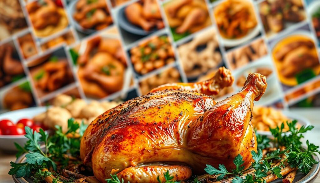 A vibrant, mouth-watering tableau of the most popular chicken dishes pinned on Pinterest. In the foreground, a succulent roasted chicken, glistening with crisp golden skin, surrounded by an array of fresh herbs and spices. In the middle ground, a selection of tempting chicken recipes, each beautifully photographed and artfully arranged, like a culinary magazine spread. The background features a soft, blurred out pattern of tiled images, hinting at the vast treasure trove of chicken-based delights found on the platform. Warm, natural lighting casts a cozy, inviting glow, while a shallow depth of field draws the eye to the star of the show - the irresistible chicken dishes. An image that captures the spirit of the ultimate chicken recipe destination, Pinterest. A vibrant, mouth-watering tableau of the most popular chicken dishes pinned on Pinterest. In the foreground, a succulent roasted chicken, glistening with crisp golden skin, surrounded by an array of fresh herbs and spices. In the middle ground, a selection of tempting chicken recipes, each beautifully photographed and artfully arranged, like a culinary magazine spread. The background features a soft, blurred out pattern of tiled images, hinting at the vast treasure trove of chicken-based delights found on the platform. Warm, natural lighting casts a cozy, inviting glow, while a shallow depth of field draws the eye to the star of the show - the irresistible chicken dishes. An image that captures the spirit of the ultimate chicken recipe destination, Pinterest.