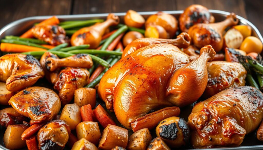 A vibrant one-pan display showcases a delectable selection of perfectly cooked chicken dishes. In the foreground, a succulent roasted whole chicken takes center stage, its golden-brown skin glistening under soft, natural lighting. Surrounding it, an array of sizzling chicken thighs, drumsticks, and breasts, each seasoned to perfection and seared to a crisp. In the middle ground, a variety of roasted vegetables - tender carrots, crisp green beans, and fluffy potatoes - complement the chicken, creating a harmonious color palette. The background features a rustic wooden surface, adding warmth and texture to the scene. The overall atmosphere is one of culinary mastery, inviting the viewer to savor the mouthwatering one-pan chicken selection. A vibrant one-pan display showcases a delectable selection of perfectly cooked chicken dishes. In the foreground, a succulent roasted whole chicken takes center stage, its golden-brown skin glistening under soft, natural lighting. Surrounding it, an array of sizzling chicken thighs, drumsticks, and breasts, each seasoned to perfection and seared to a crisp. In the middle ground, a variety of roasted vegetables - tender carrots, crisp green beans, and fluffy potatoes - complement the chicken, creating a harmonious color palette. The background features a rustic wooden surface, adding warmth and texture to the scene. The overall atmosphere is one of culinary mastery, inviting the viewer to savor the mouthwatering one-pan chicken selection.