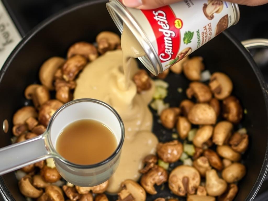 Adding Campbell's Cream of Mushroom Soup and beef broth to the skillet