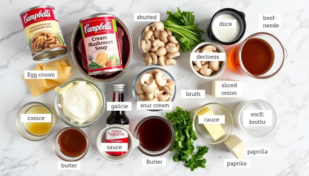 All ingredients for Campbell's Soup Beef Stroganoff laid out on a countertop