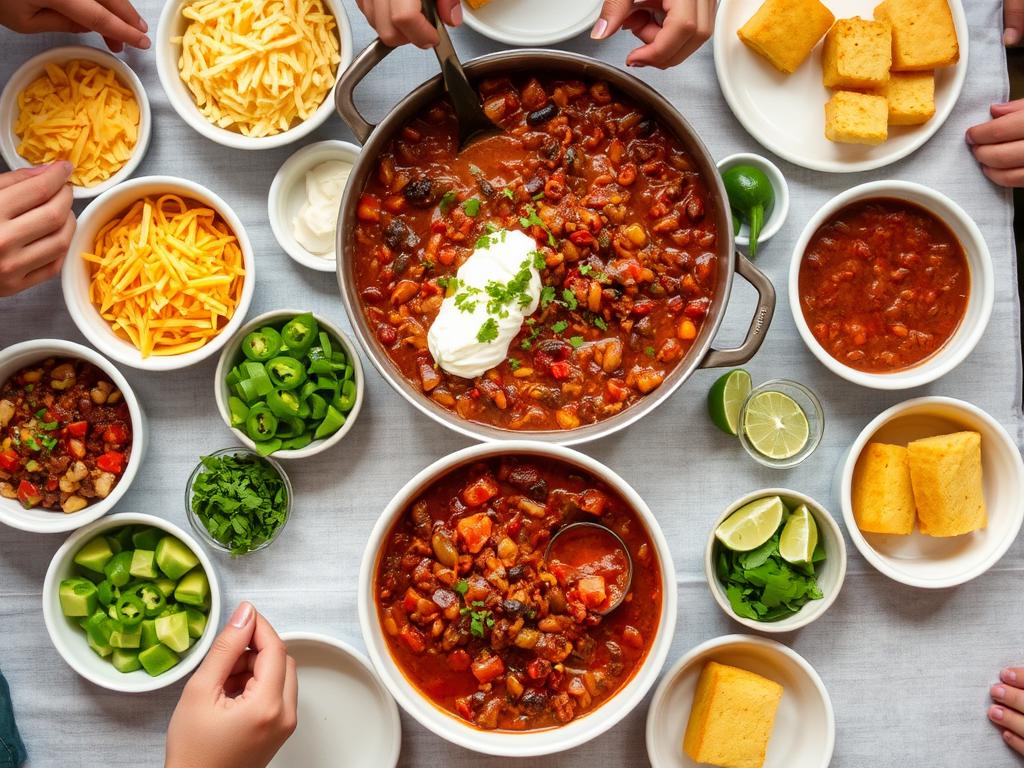 Award winning chili being served with various toppings Award winning chili being served with various toppings