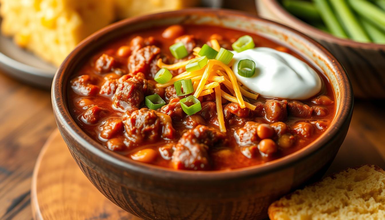 Award winning chili in a rustic bowl topped with cheese, sour cream and green onions