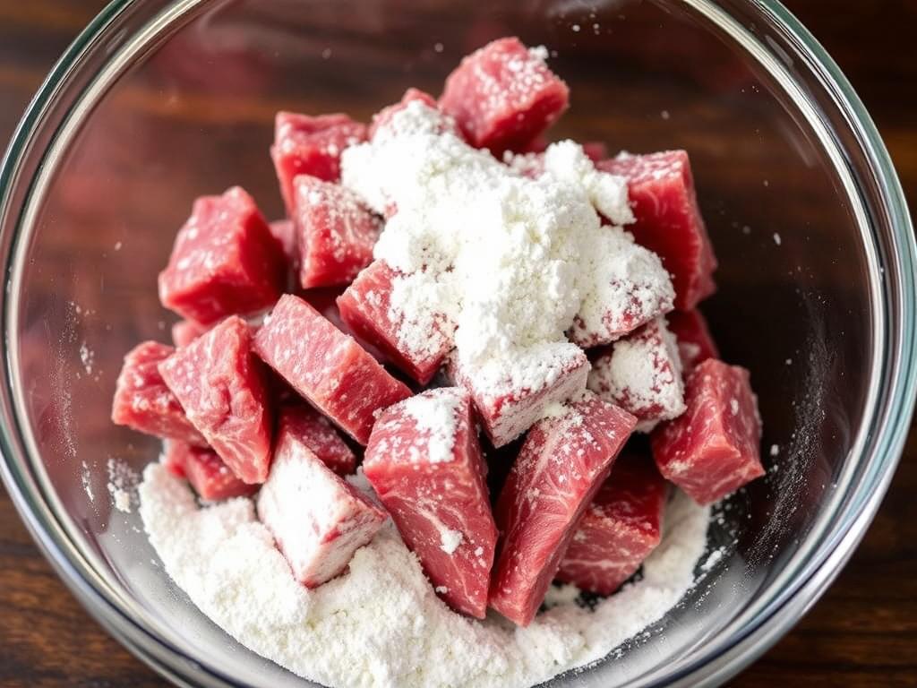 Beef sirloin strips being coated with flour and seasonings in a bowl