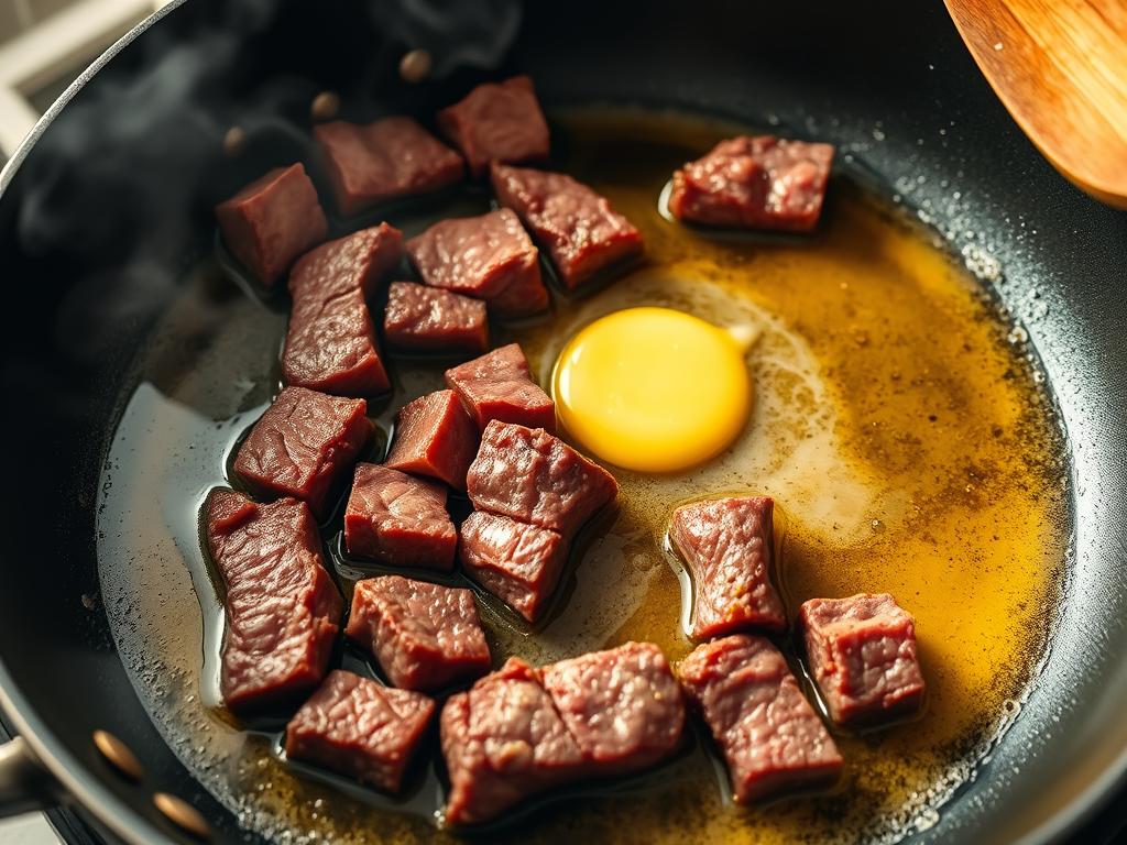 Beef strips browning in a skillet with butter