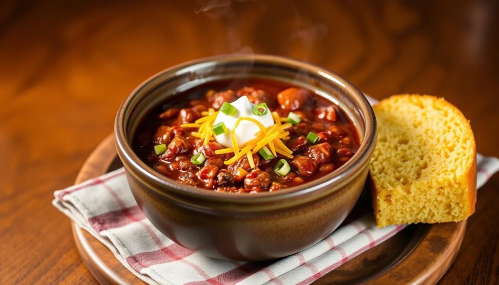 Bowl of award winning chili with cornbread on the side Bowl of award winning chili with cornbread on the side