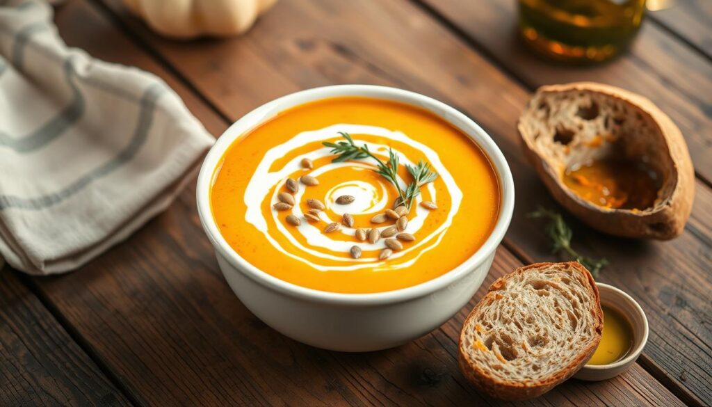 Bowl of roasted butternut squash soup garnished with cream, herbs and pumpkin seeds