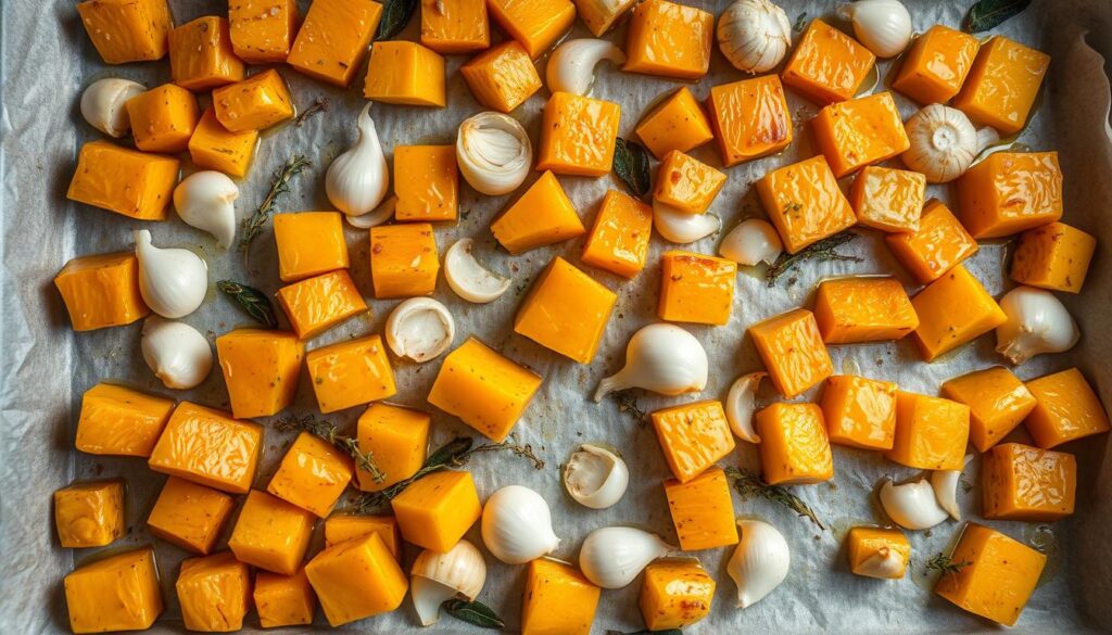 Butternut squash cubes roasting on a baking sheet with herbs and garlic