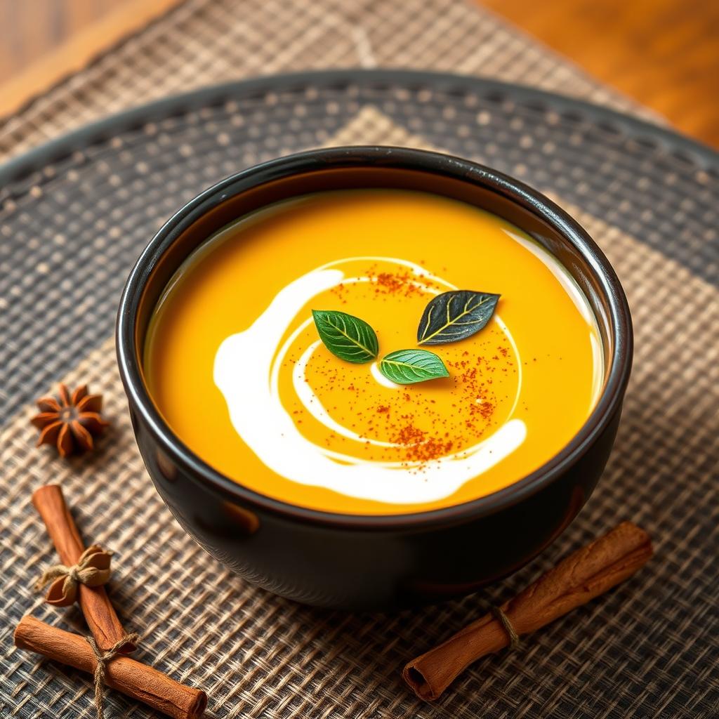 Butternut squash soup with coconut milk swirl and curry spices