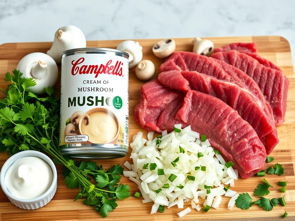Campbell's Cream of Mushroom Soup can next to fresh ingredients for beef stroganoff