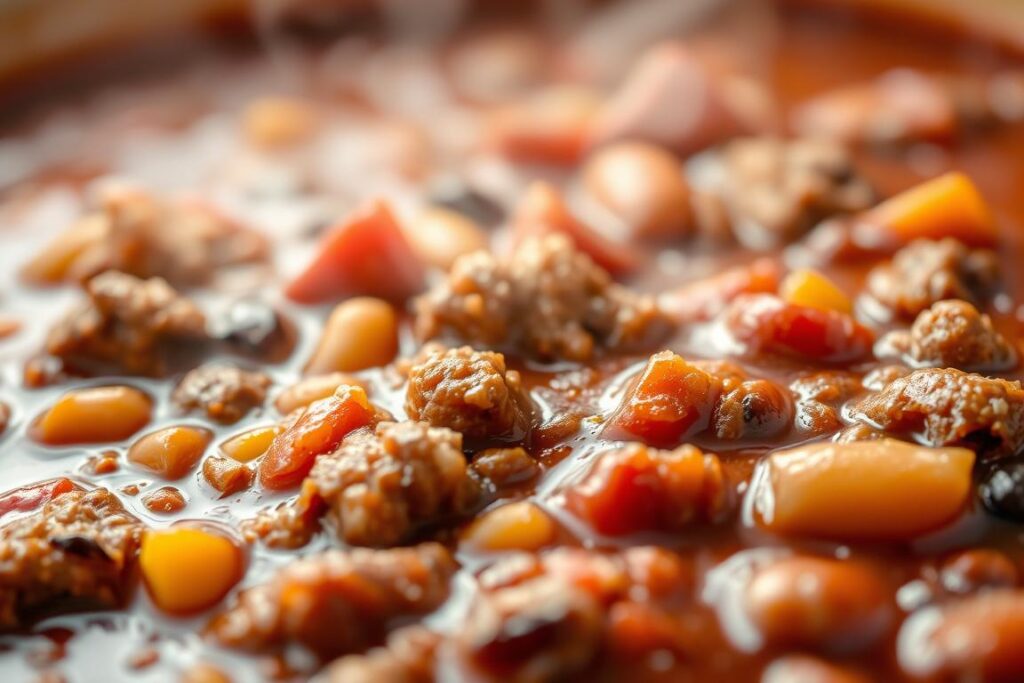 Close-up of award winning chili showing texture and ingredients Close-up of award winning chili showing texture and ingredients