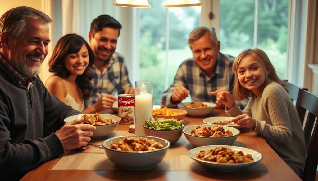 Family enjoying Campbell's Soup Beef Stroganoff at dinner table