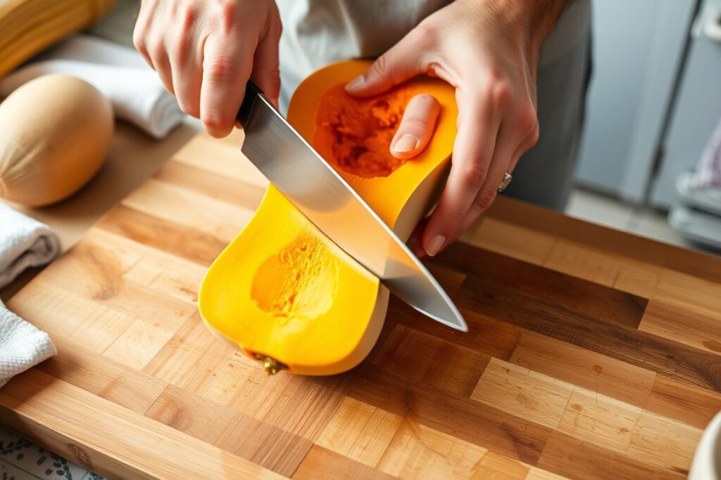 Hands cutting a butternut squash in half on a cutting board