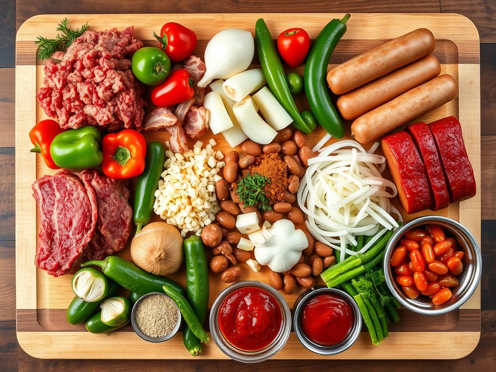 Ingredients for award winning chili recipe laid out on wooden cutting board Ingredients for award winning chili recipe laid out on wooden cutting board