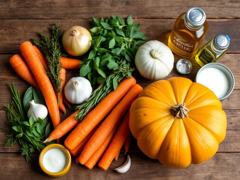 Ingredients for roasted butternut squash soup laid out on a wooden surface