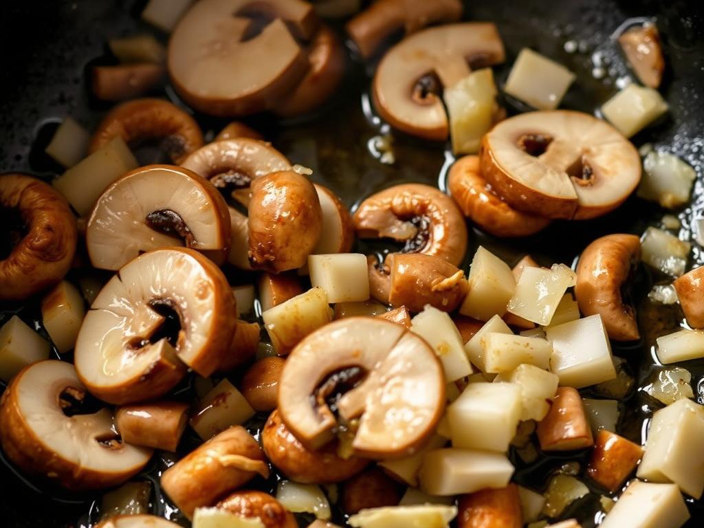 Onions and mushrooms sautéing in the same skillet used for beef