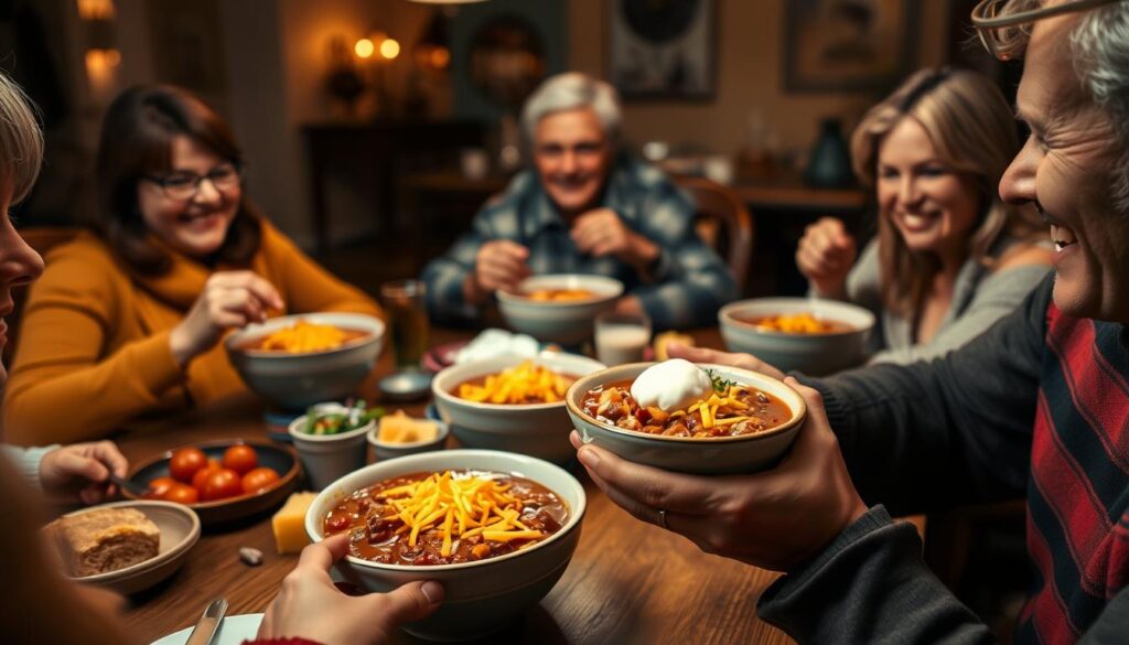 Person enjoying a bowl of award winning chili with family Person enjoying a bowl of award winning chili with family
