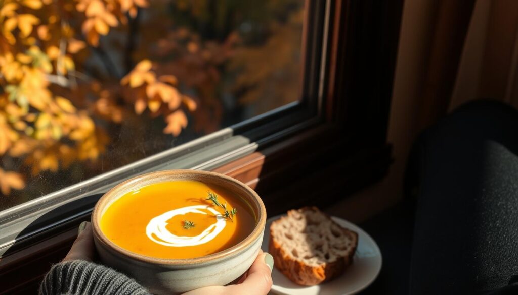 Person enjoying a bowl of roasted butternut squash soup by a window