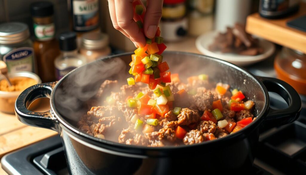 Process of cooking award winning chili with ingredients being added to pot Process of cooking award winning chili with ingredients being added to pot