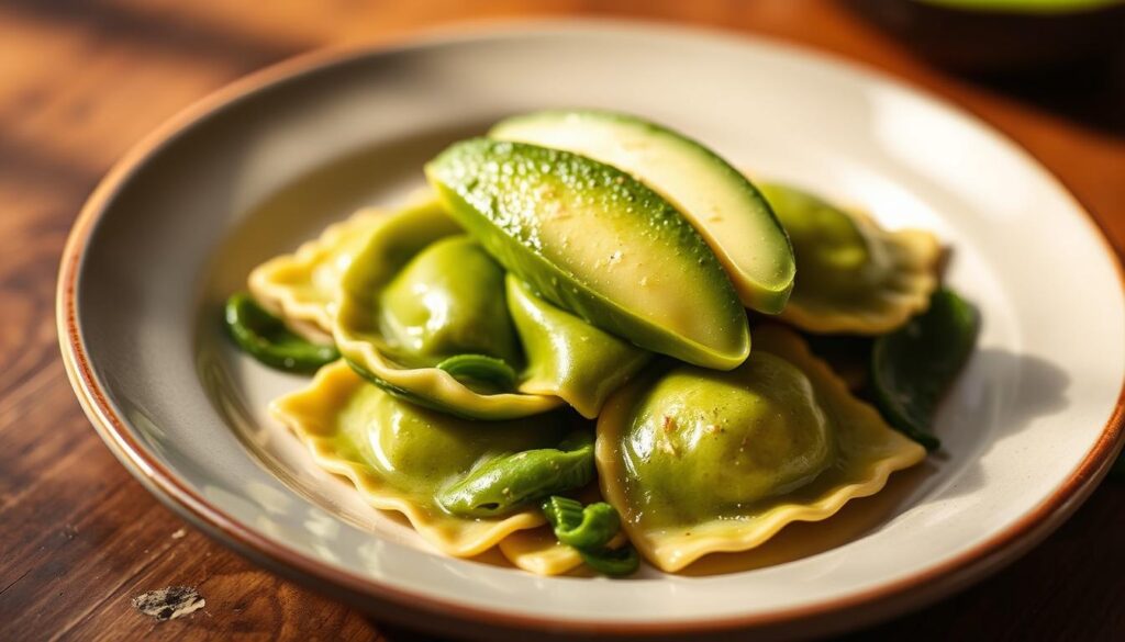Spinach ricotta ravioli nestled on a plate, topped with creamy avocado slices. The ravioli's delicate pasta shells shine under soft, warm lighting, their vibrant green hue complementing the rich, velvety avocado. The scene is captured from a slightly elevated angle, creating a visually appealing composition that showcases the dish's layers and textures. Subtle shadows add depth, while a muted, earthy color palette evokes a cozy, inviting atmosphere. The image exudes a sense of culinary sophistication and innovation, perfectly reflecting the "Innovative Twists: From Roasted Garlic to Avocado" section of the "Rana Pasta Recipes" article. Spinach ricotta ravioli nestled on a plate, topped with creamy avocado slices. The ravioli's delicate pasta shells shine under soft, warm lighting, their vibrant green hue complementing the rich, velvety avocado. The scene is captured from a slightly elevated angle, creating a visually appealing composition that showcases the dish's layers and textures. Subtle shadows add depth, while a muted, earthy color palette evokes a cozy, inviting atmosphere. The image exudes a sense of culinary sophistication and innovation, perfectly reflecting the "Innovative Twists: From Roasted Garlic to Avocado" section of the "Rana Pasta Recipes" article.