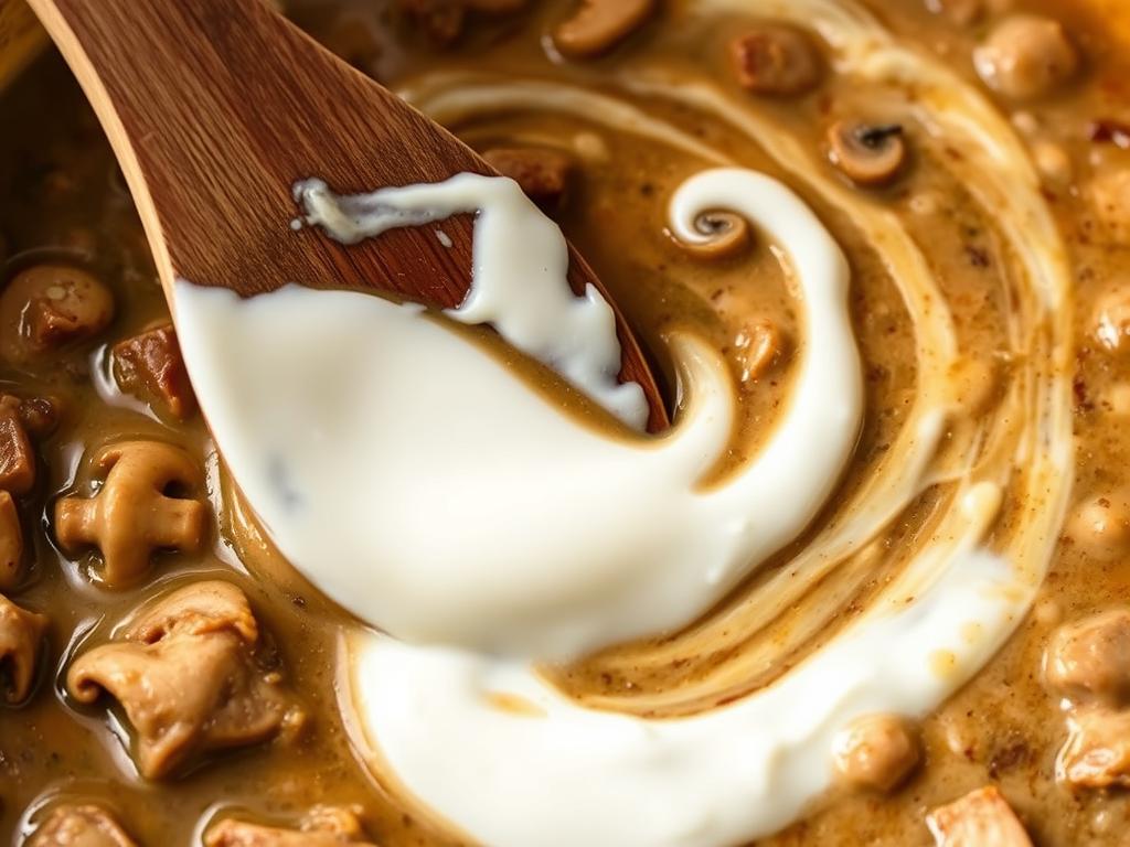 Stirring sour cream into the beef stroganoff mixture