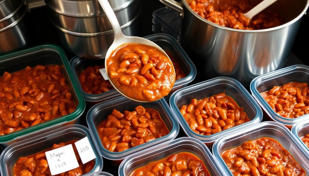Storage containers with award winning chili being prepared for freezing Storage containers with award winning chili being prepared for freezing
