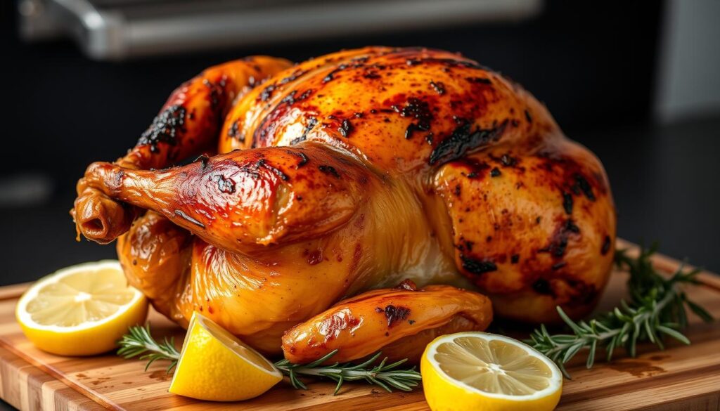 Traeger grilled whole chicken, golden-brown and juicy, resting on a wooden cutting board. Close-up, evenly lit from above with soft shadows, angled slightly to showcase the beautifully charred skin and tender meat. The chicken is flanked by fresh lemon wedges and sprigs of rosemary, evoking the rustic, smoky flavors of the Traeger grill. The background is blurred, keeping the focus on the succulent, glistening bird, a mouthwatering centerpiece ready to be carved and served. Traeger grilled whole chicken, golden-brown and juicy, resting on a wooden cutting board. Close-up, evenly lit from above with soft shadows, angled slightly to showcase the beautifully charred skin and tender meat. The chicken is flanked by fresh lemon wedges and sprigs of rosemary, evoking the rustic, smoky flavors of the Traeger grill. The background is blurred, keeping the focus on the succulent, glistening bird, a mouthwatering centerpiece ready to be carved and served.