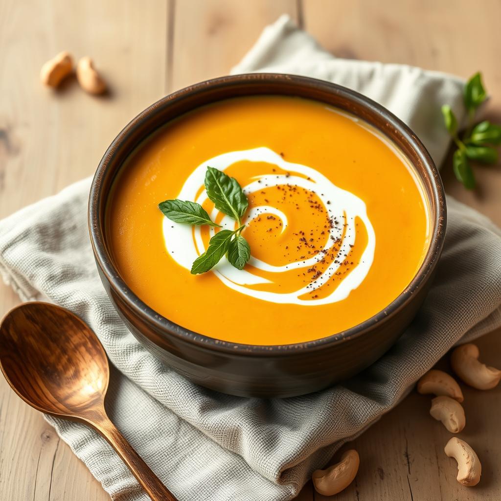 Vegan butternut squash soup with cashew cream swirl